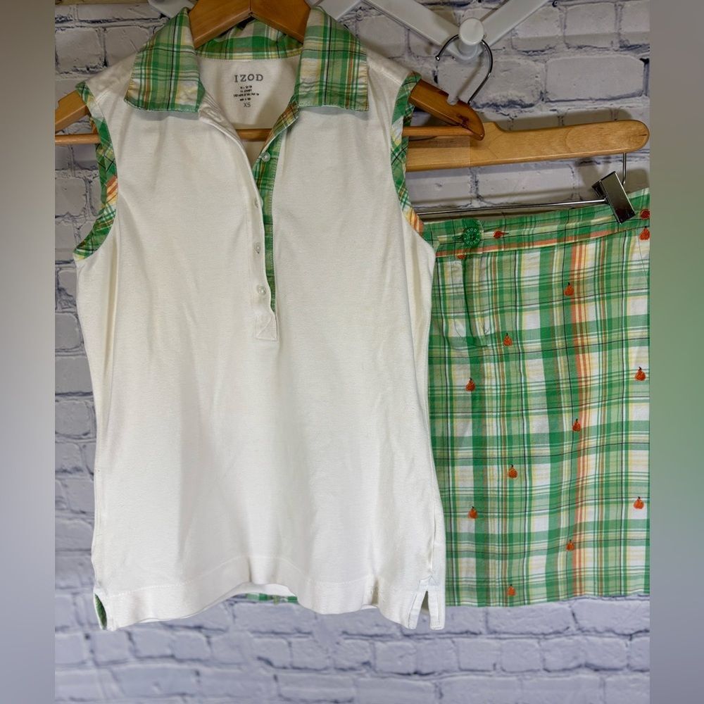 IZOD Golf Green Plaid TWO PIECE Preppy Tennis Athleisure Polo Top XS Skort 2